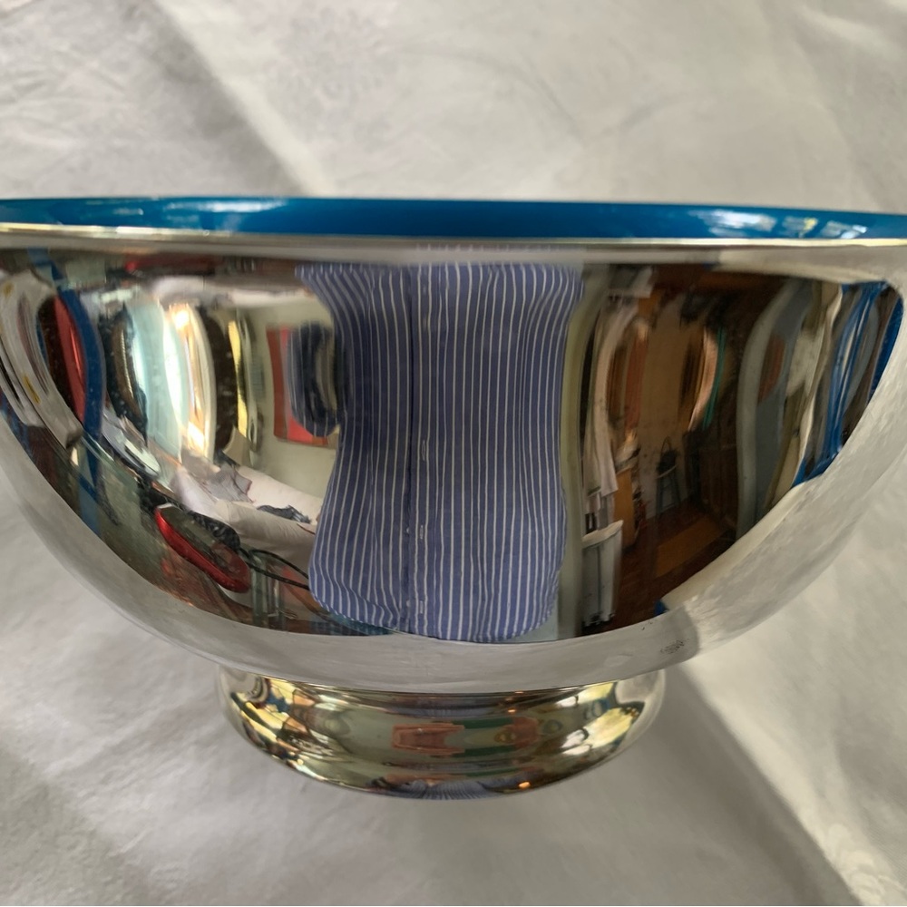 Reed & Barton vintage silver plate 8” bowl with blue enamel interior. 5” tall.